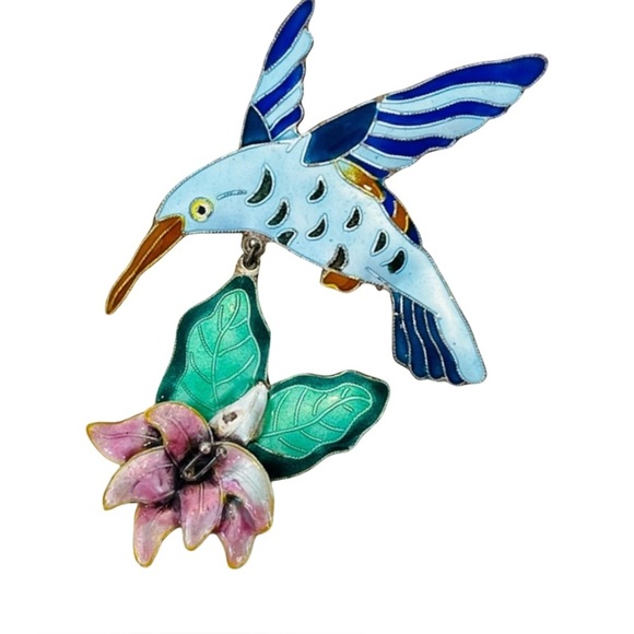 Hummingbird and Flower Enameled Brooch- Vintage 80s - Picture 1 of 7